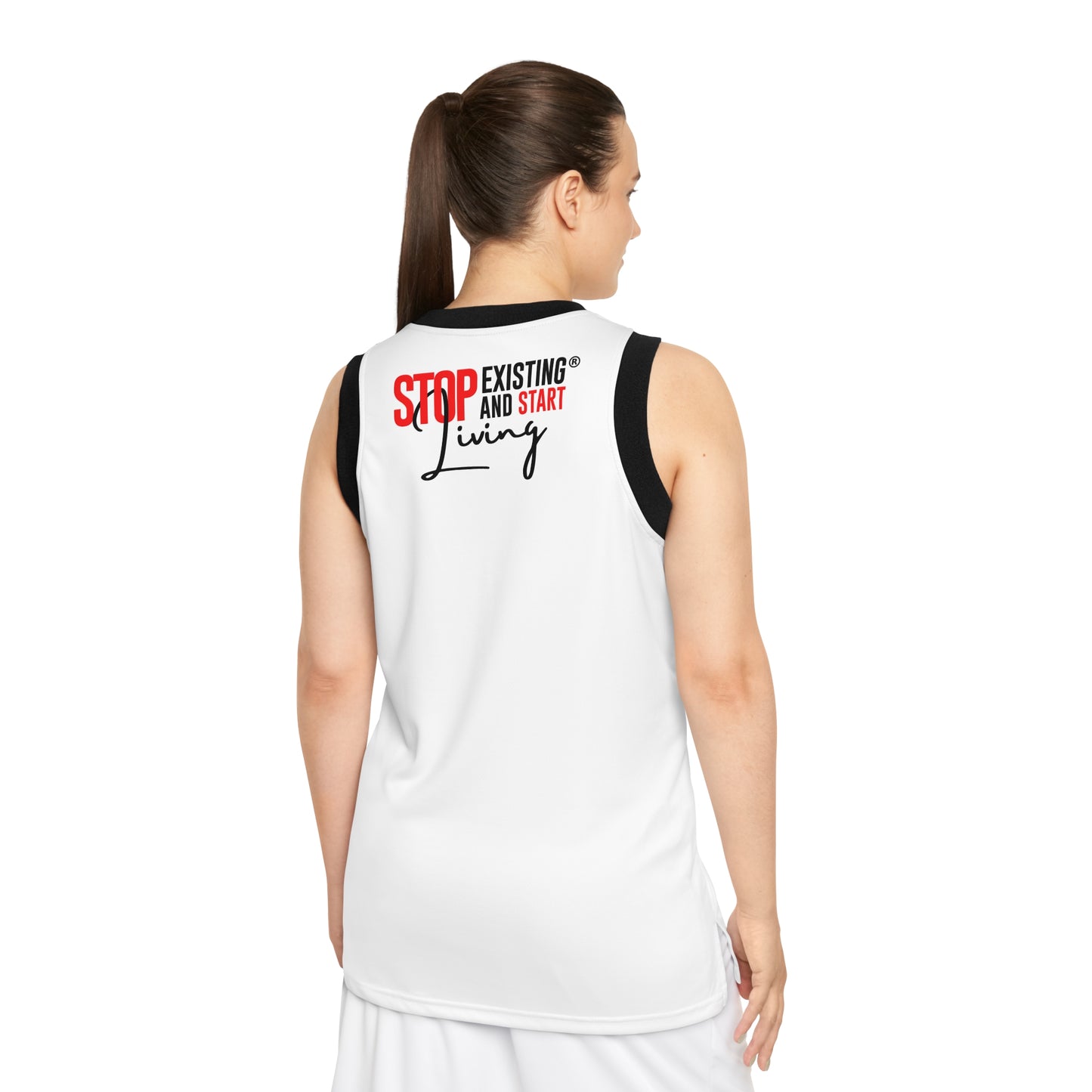 Inspirational Unisex Basketball Jersey - "STOP EXISTING AND START LIVING" - Sporty Motivational Wear