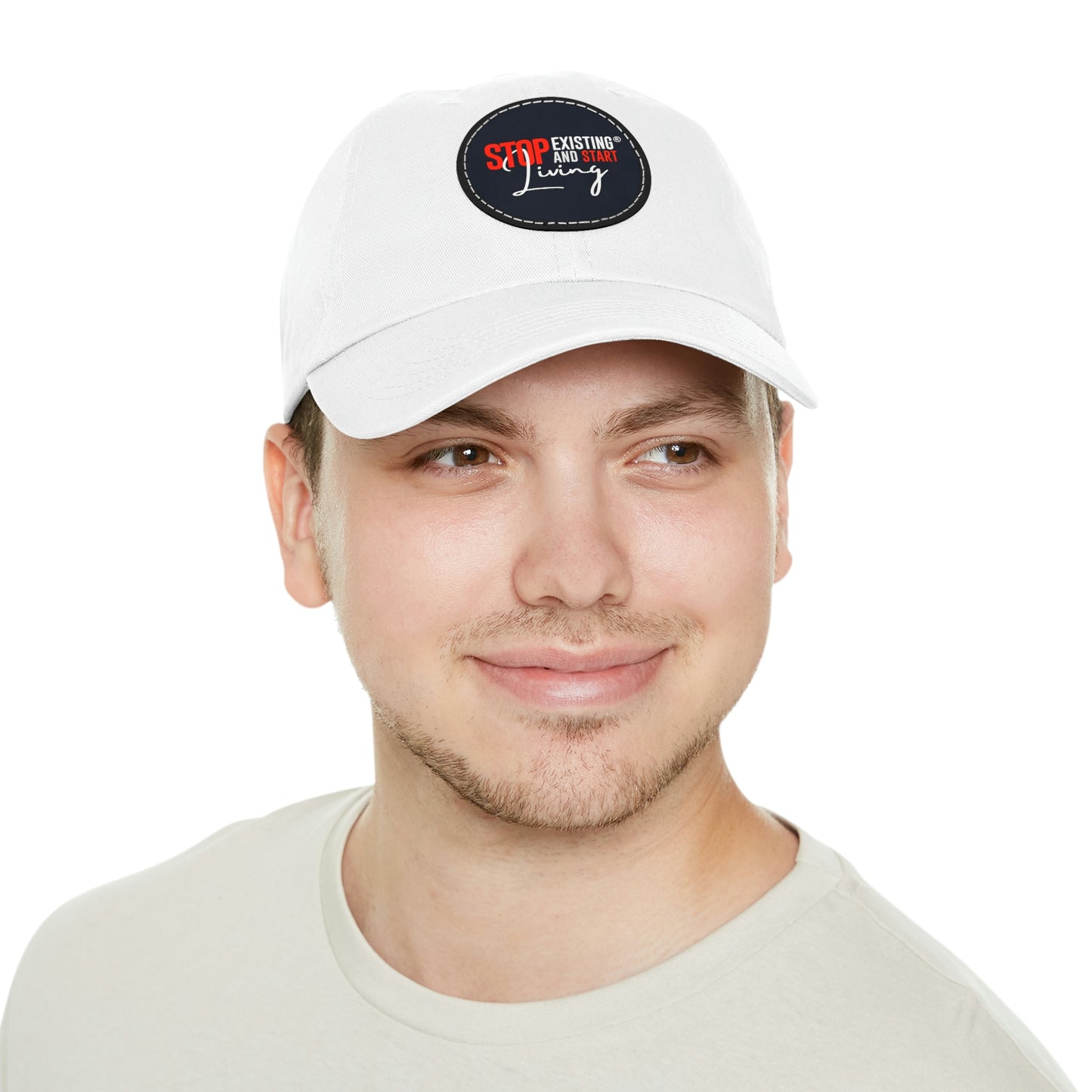 STOP EXISTING & START LIVING Dad Hat with Leather Patch (Round)