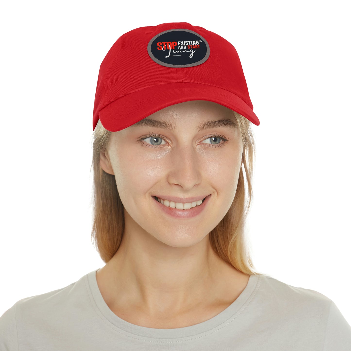STOP EXISTING & START LIVING Dad Hat with Leather Patch (Round)
