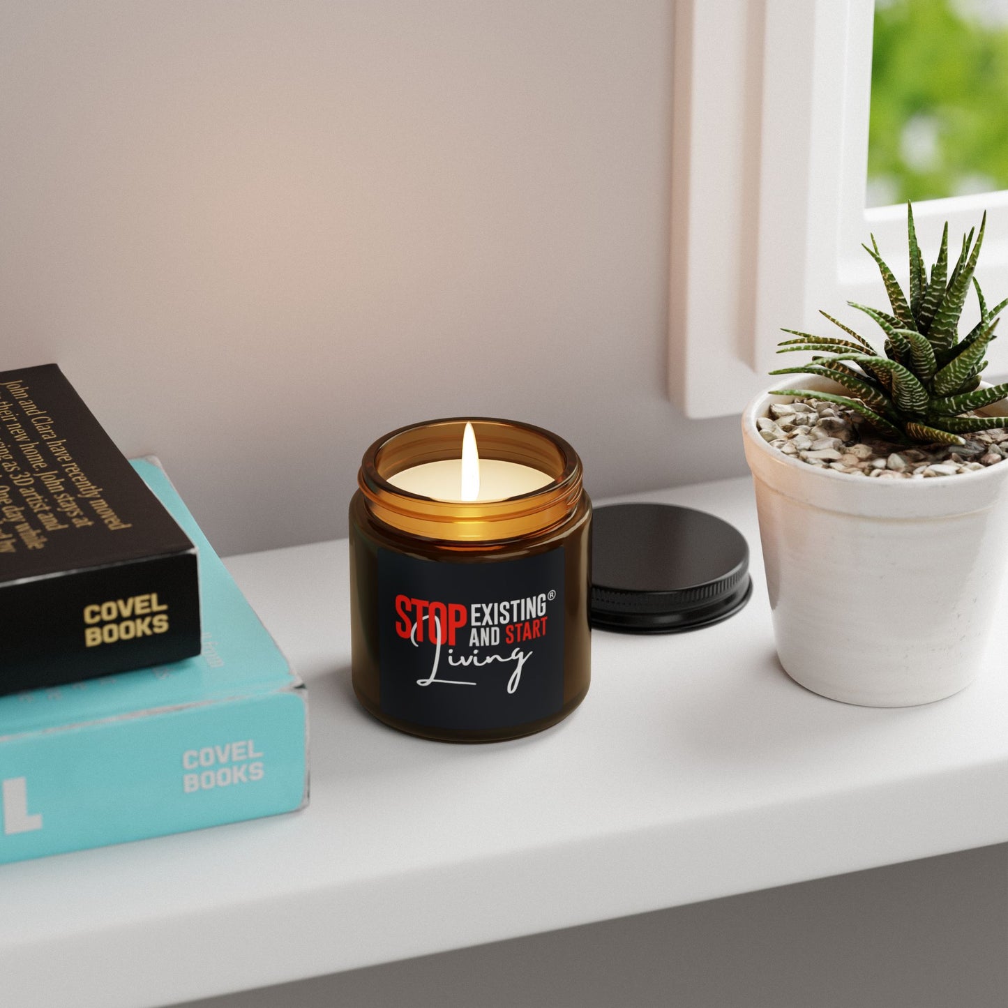 STOP EXISTING & START LIVING Scented Soy Candle (Multi-Size, Amber Jar)